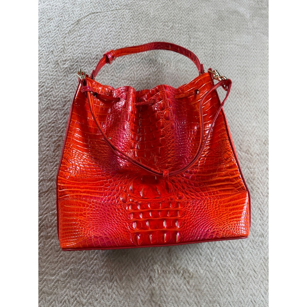 Brahmin Marlowe Flame Melbourne Bucket Bag Crossbody Bright Orange Red - Picture 3 of 16